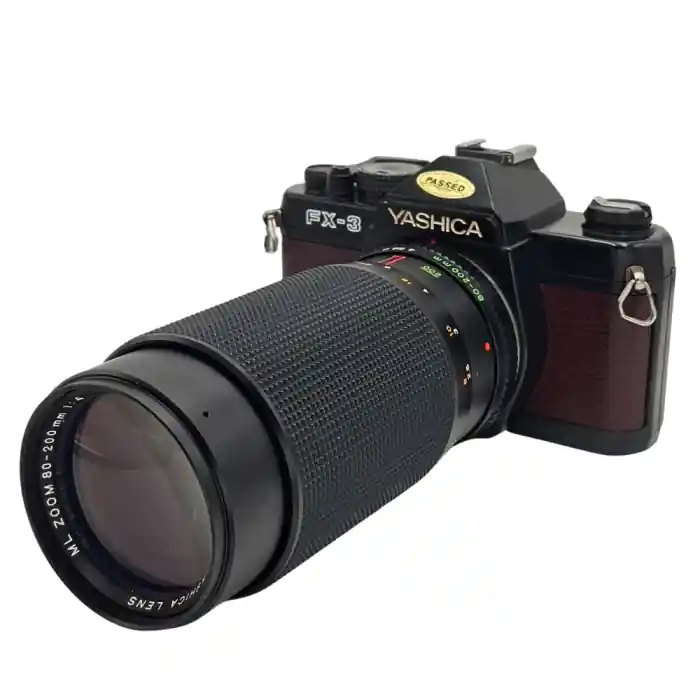 Aparat Foto SLR Yashica FX-3 pe Film 35mm cu Obiectiv Zoom Yashica ML 80-200mm f/4 Constant Aperture, Montură C/Y, Skin Custom Maro, Second Hand Retur ușor