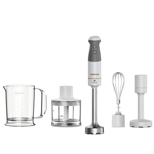 Promoție Ustensile de bucatarie Kenwood Triblade XL HBM40.306WH Blender de mana, blender de mana cu picior de blender detasabil din otel inoxidabil cu lama cu 3 lame pentru piure mai rapid, 850 W, alb/gri